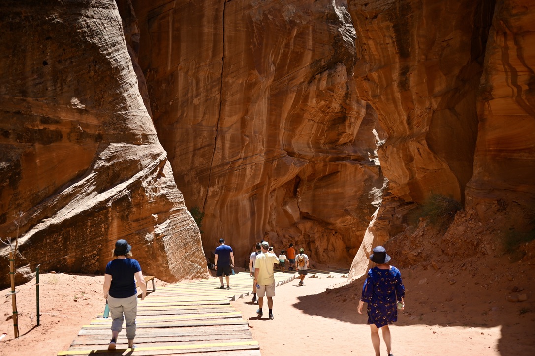 Boarded walking path down a slope of red sand with steep red canyons soaring up on both sides.