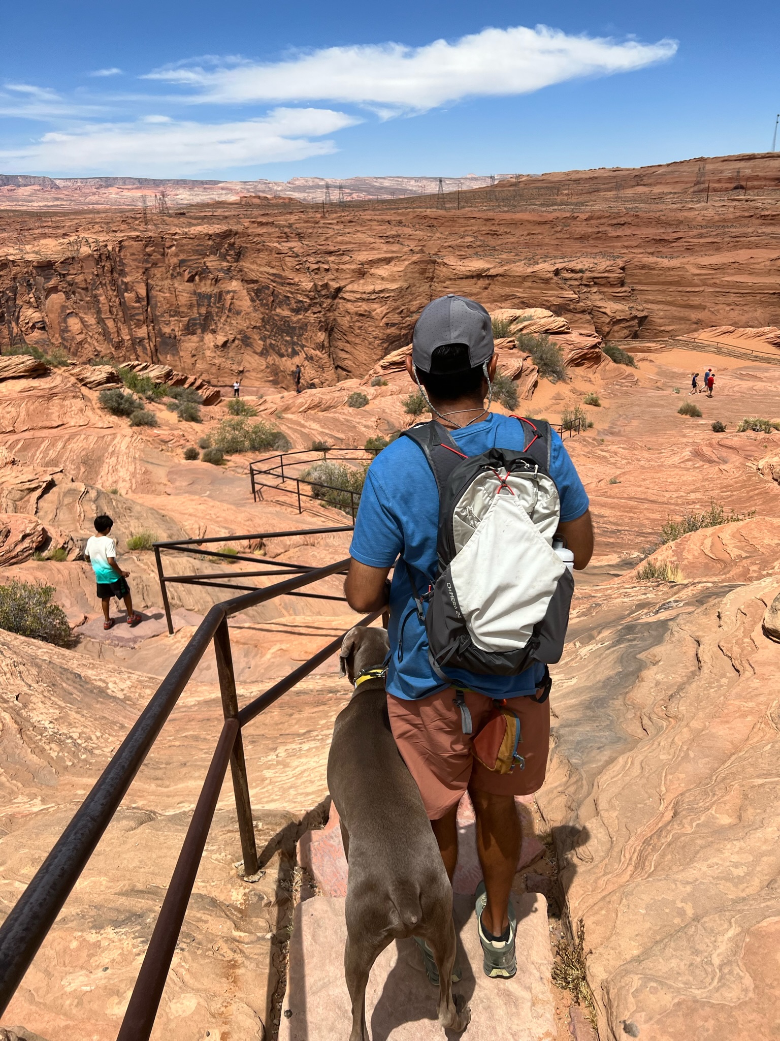 Man and dog, with boy in the distance going down a railed path of flowing red rocks and canyon walls towards a drop-off of what could be a river below.