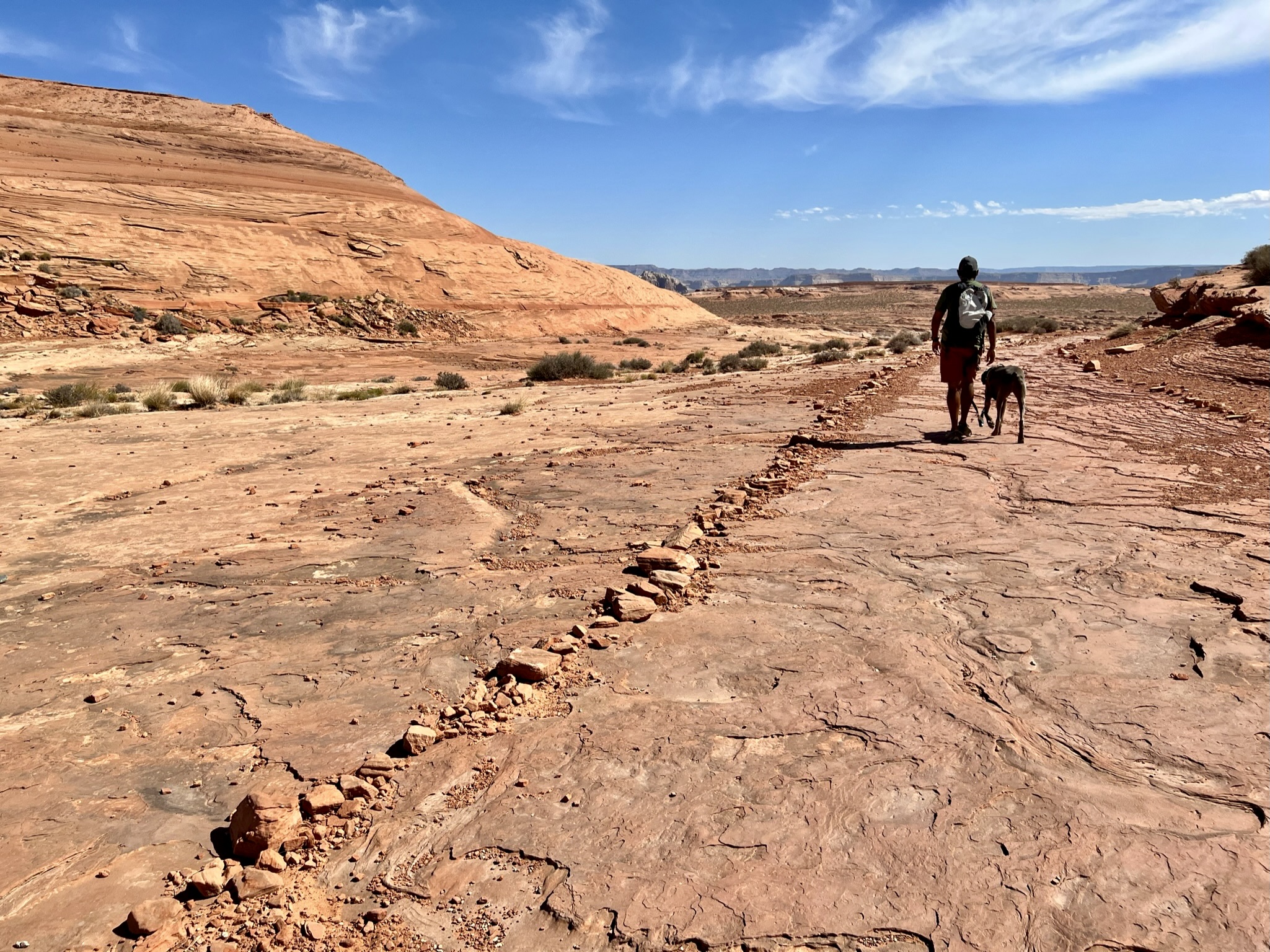 Man and dog standing on red canyon flowing slabs of rock trail, with red canyon walls and desert landscape all around. 