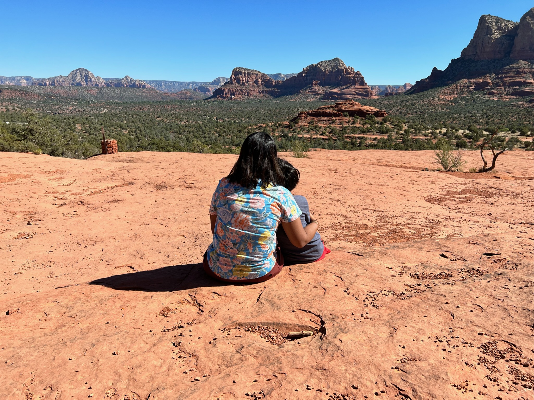 Mom and son sitting together on red rock slab looking at the scenary of a huge valley of green desert vegetation, with rugged red rocks and cliffs jutting out across the valley.