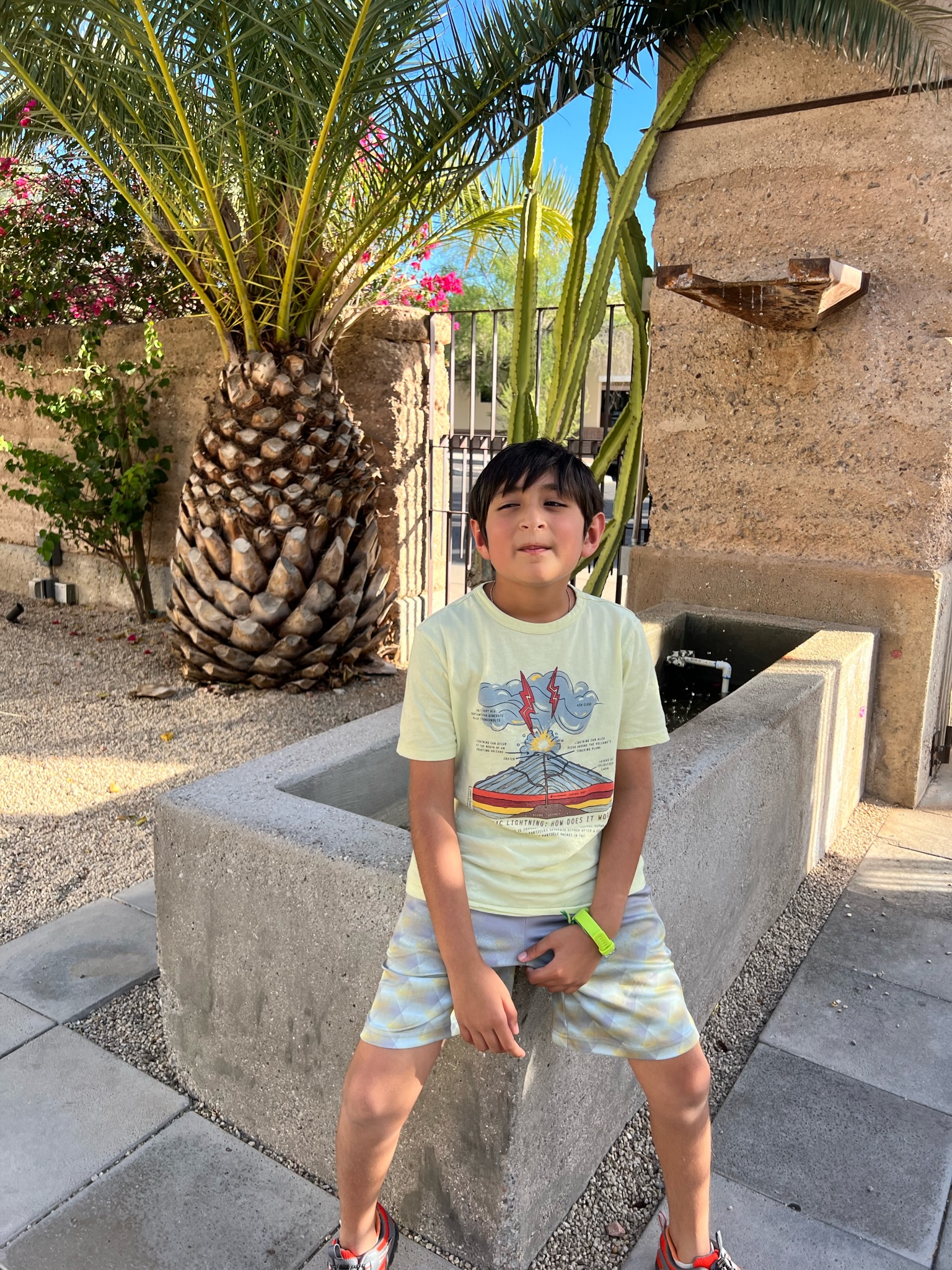 Boy squinting his eyes and sitting on a concrete water foundation, with a big Sago palm tree in the background. Concrete tiles and crushed gravel on the floor.