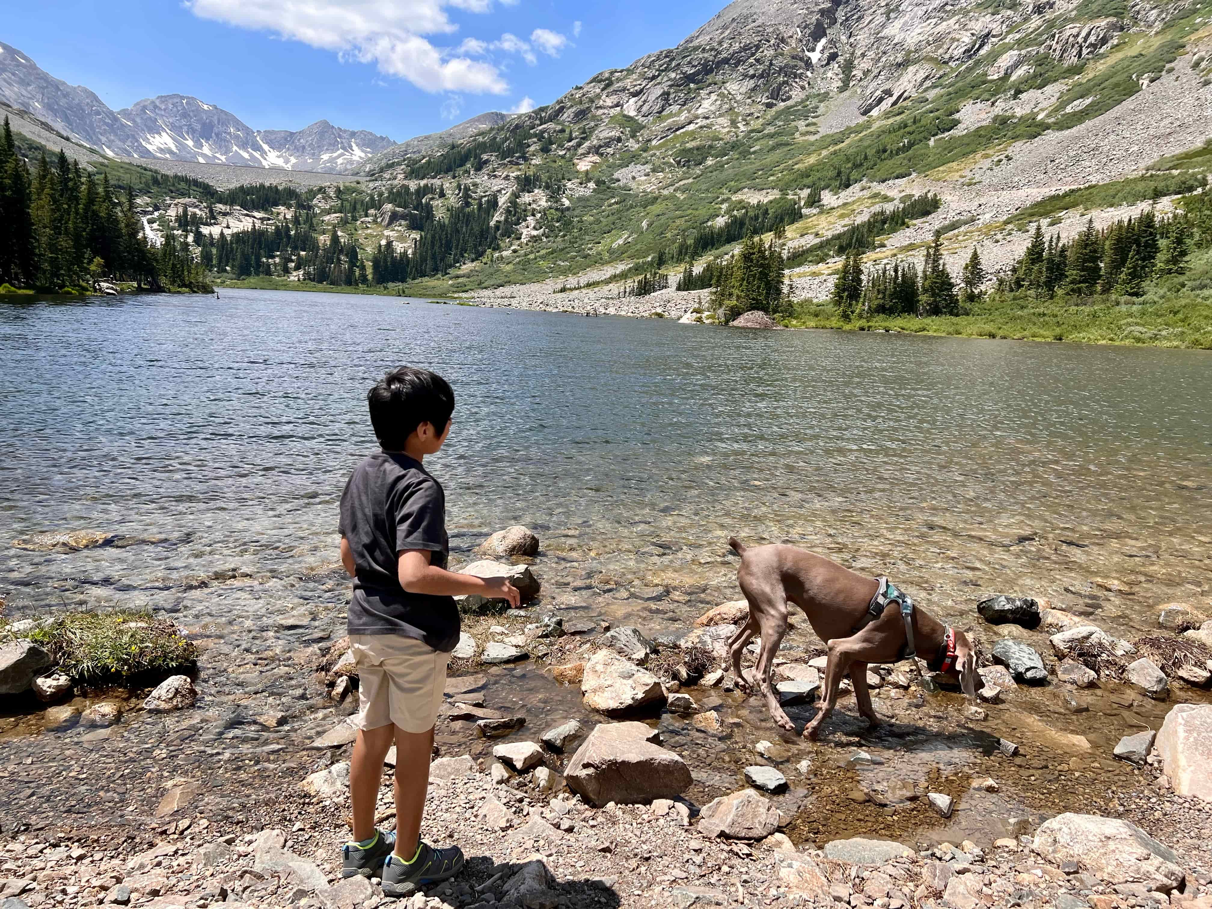 Boy and dog exploring the Blue Lakes area