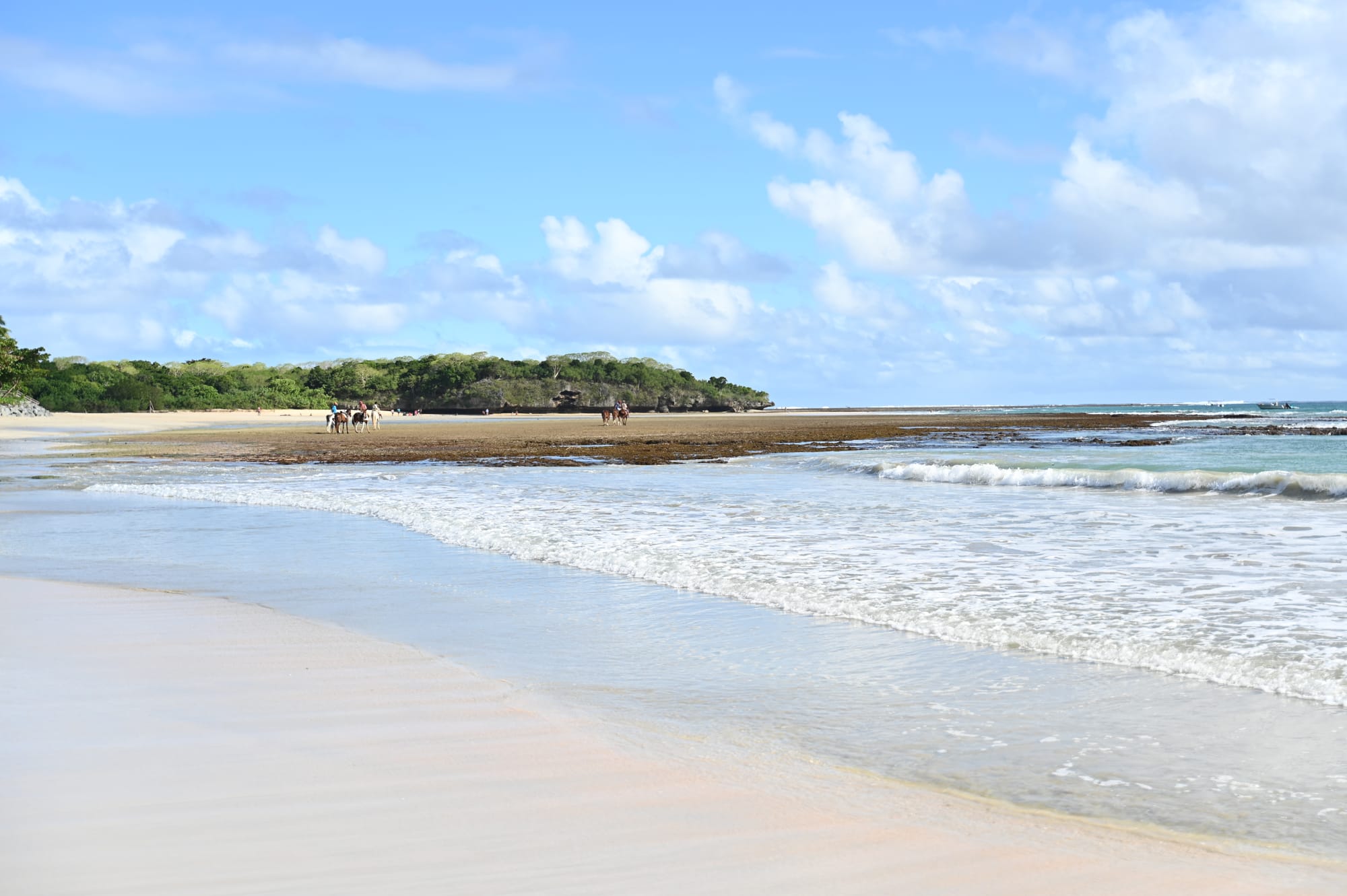 A wide sweep of soft white sand and gentle turquoise waves, with a low wooded headland and a few people far along the beach.