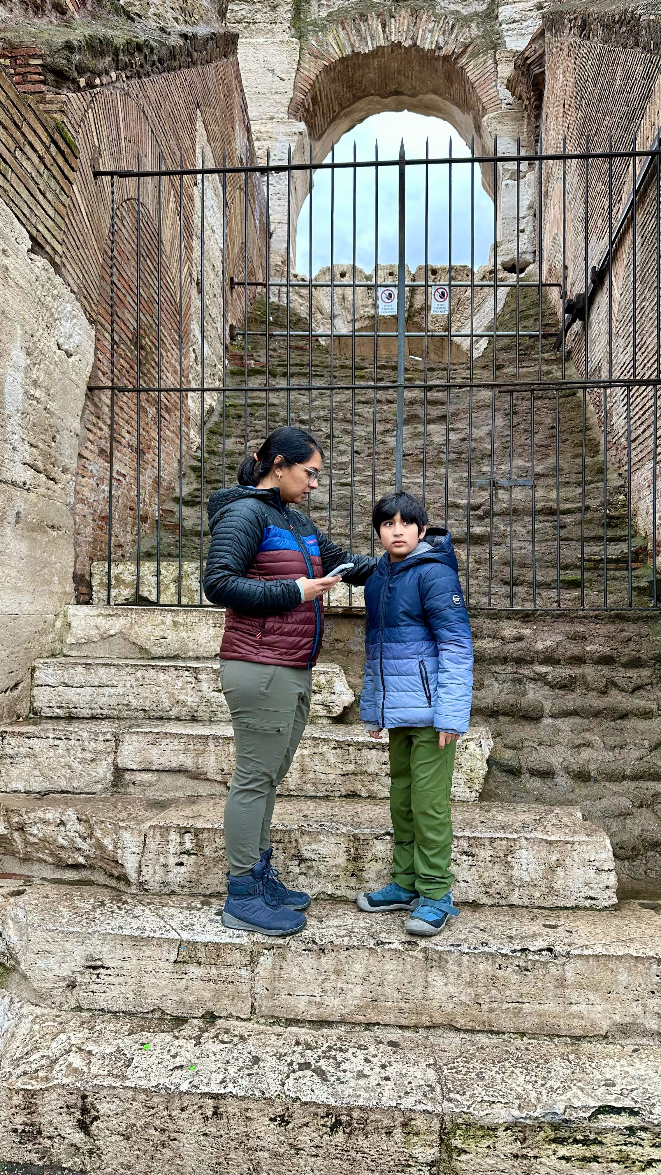 Waiting in a corner for the crowds to pass at the Coloseum.