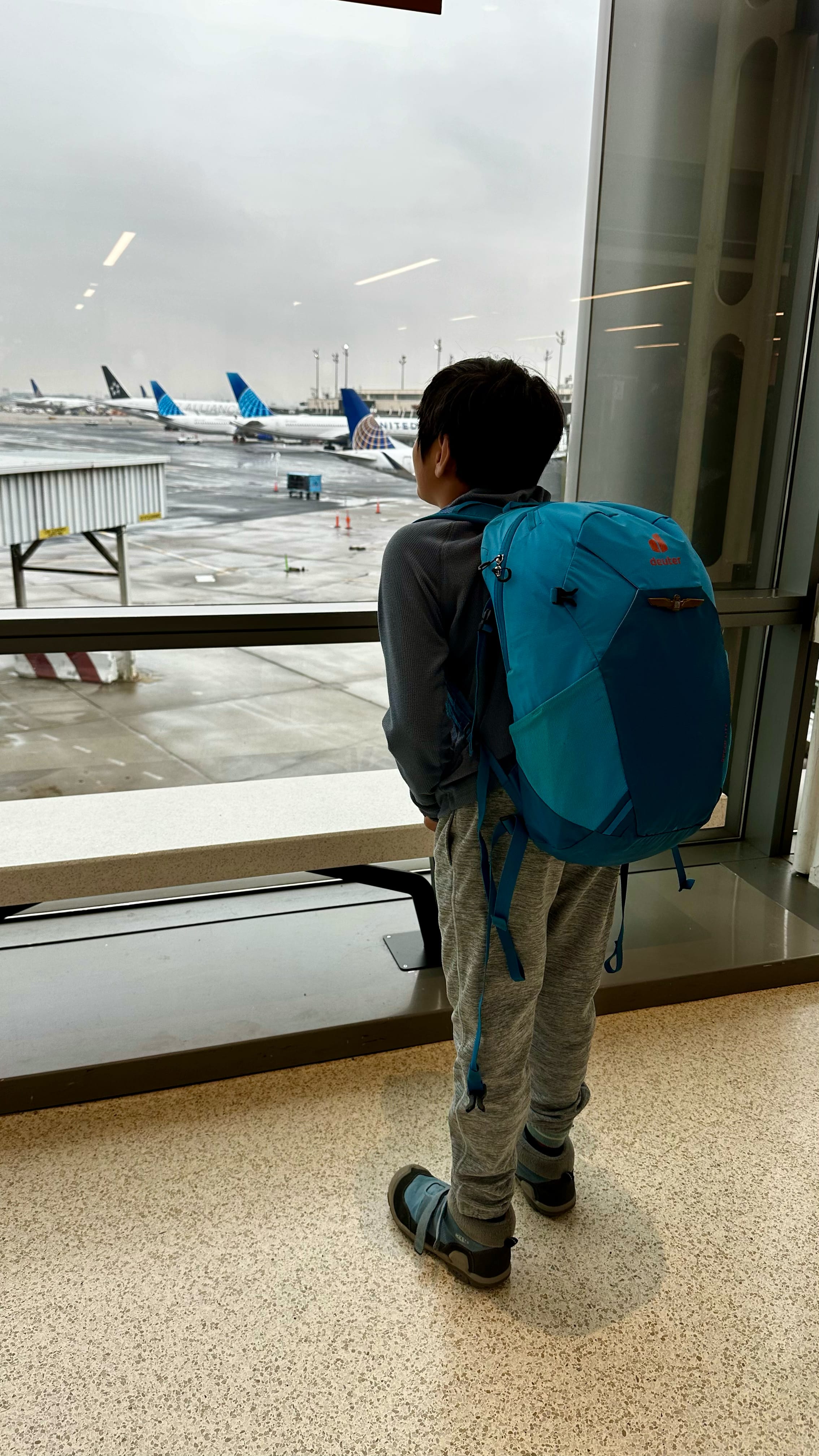 Boy looking out an airport window at the tarmac with rear half of airplanes showing with a gangway in the foreground