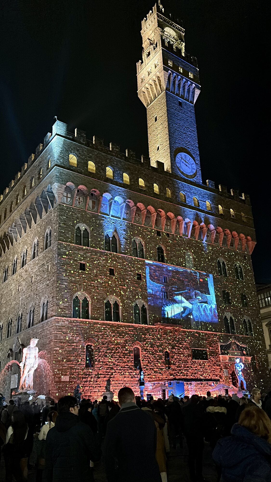 Palazzo Vecchio lit up with colored lights for New Year’s Eve