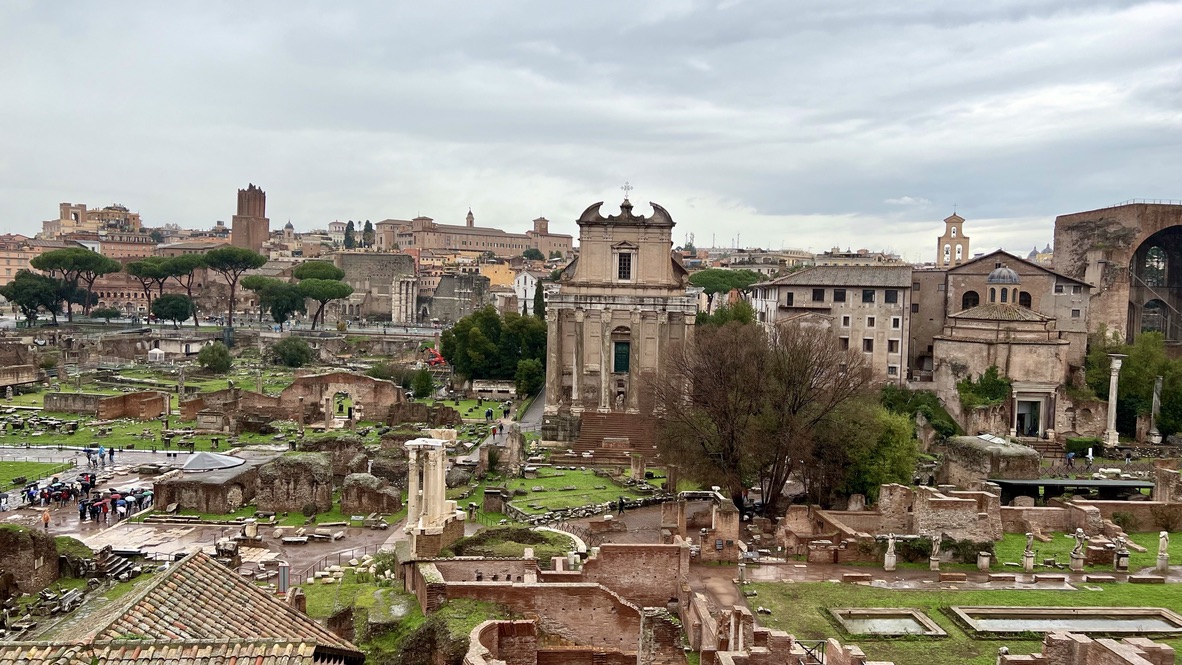 Sprawling ruins of the Roman forum taken from an elevation, with people walking all around and green grass and other ground covers