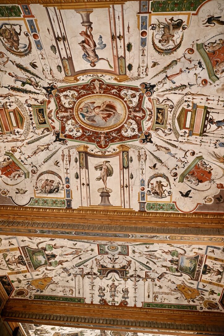 An ornately painted ceiling in the Uffizi