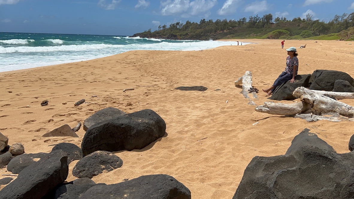 Elderly woman sitting on rocks with driftwood, on a sandy beach with fairly rough waves