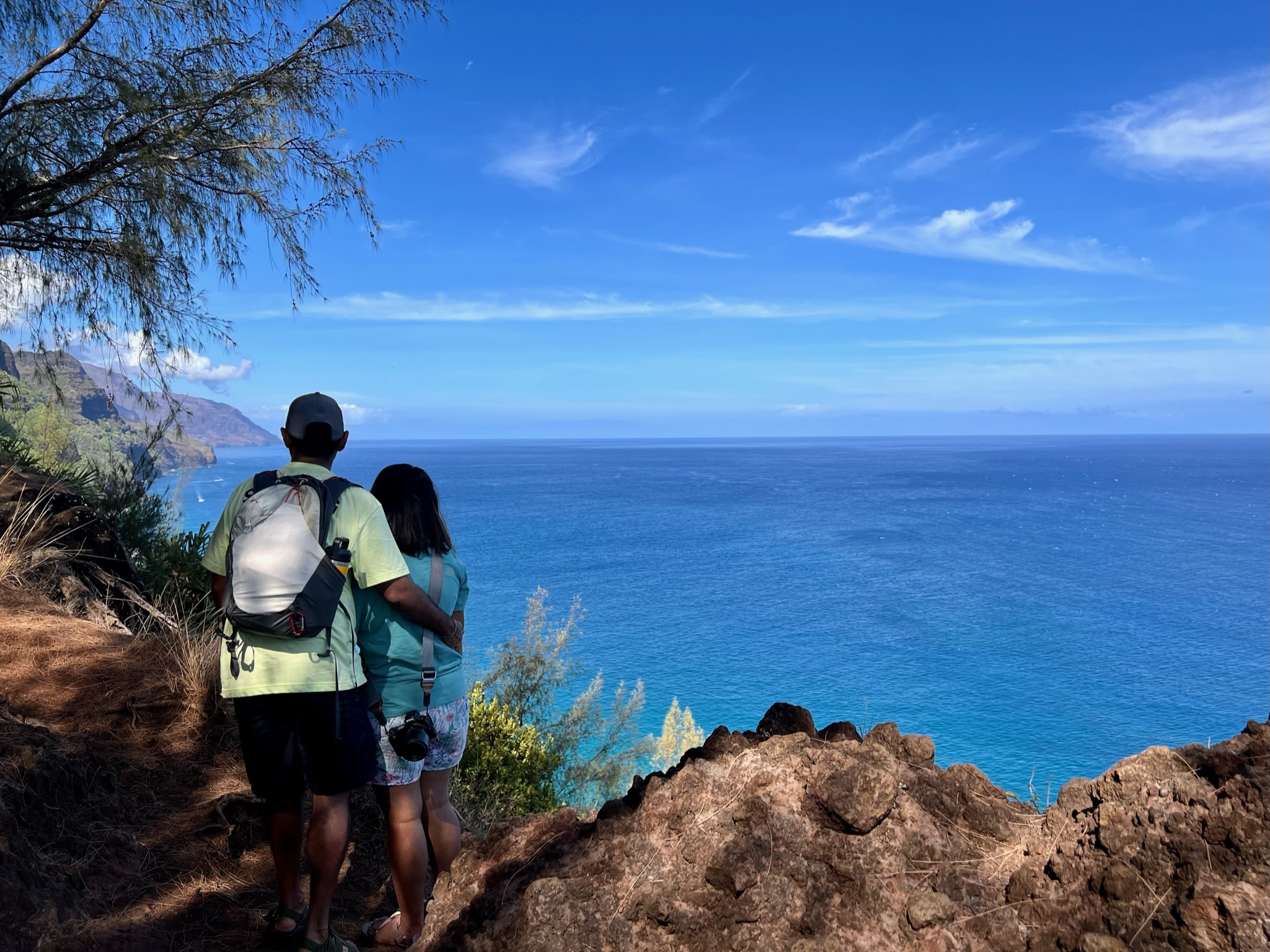 Man and woman hugging each other back facing camera looking at rugged coastline from a high viewpoint, with blue Pacific ocean