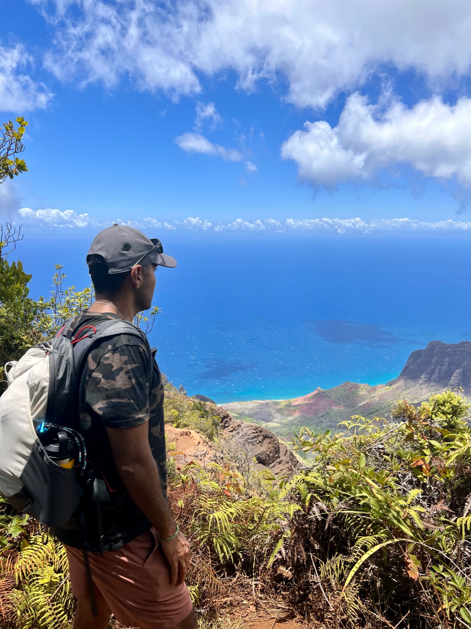 Man looking out into the distance of the beautiful, rugged coastline of Napali coast; rugged red mountains and green trees and shrubs growing all around.