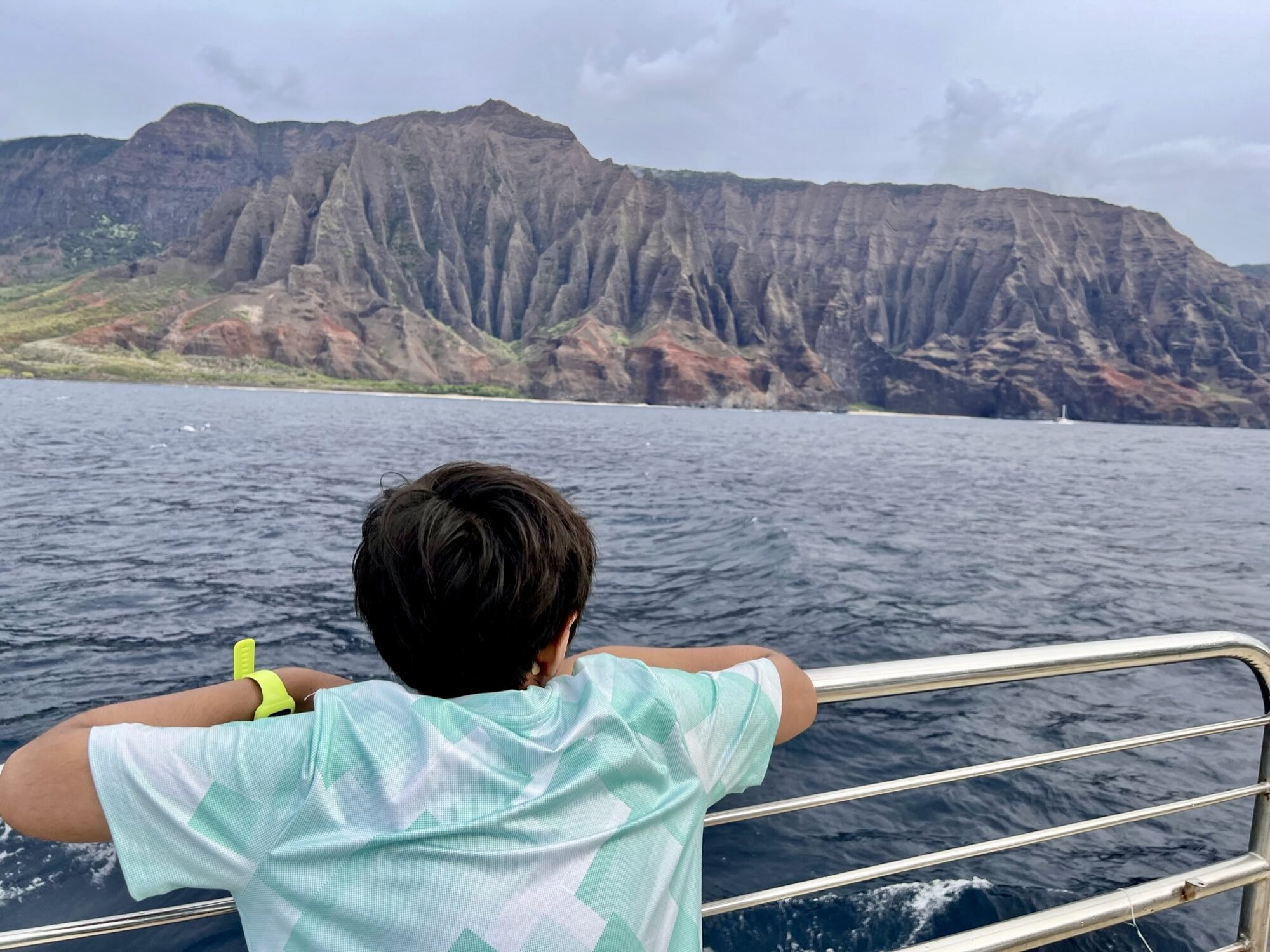 Boy leaning on a boat railing, looking at the fluted cliffs of the Napali Coast