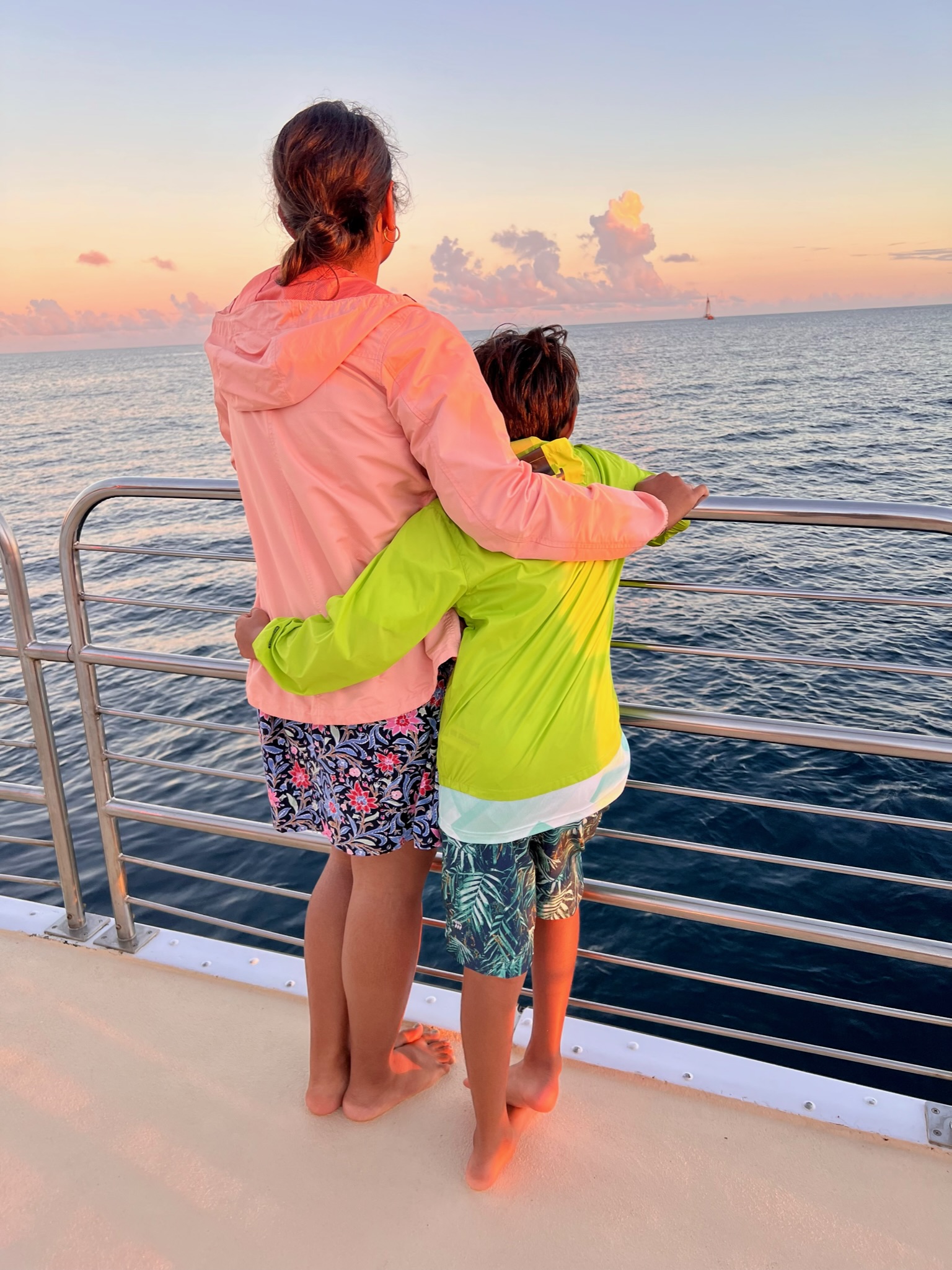 Woman and boy hugging with their backs showing on a boat deck along railing looking at open ocean with sail boat in the distance