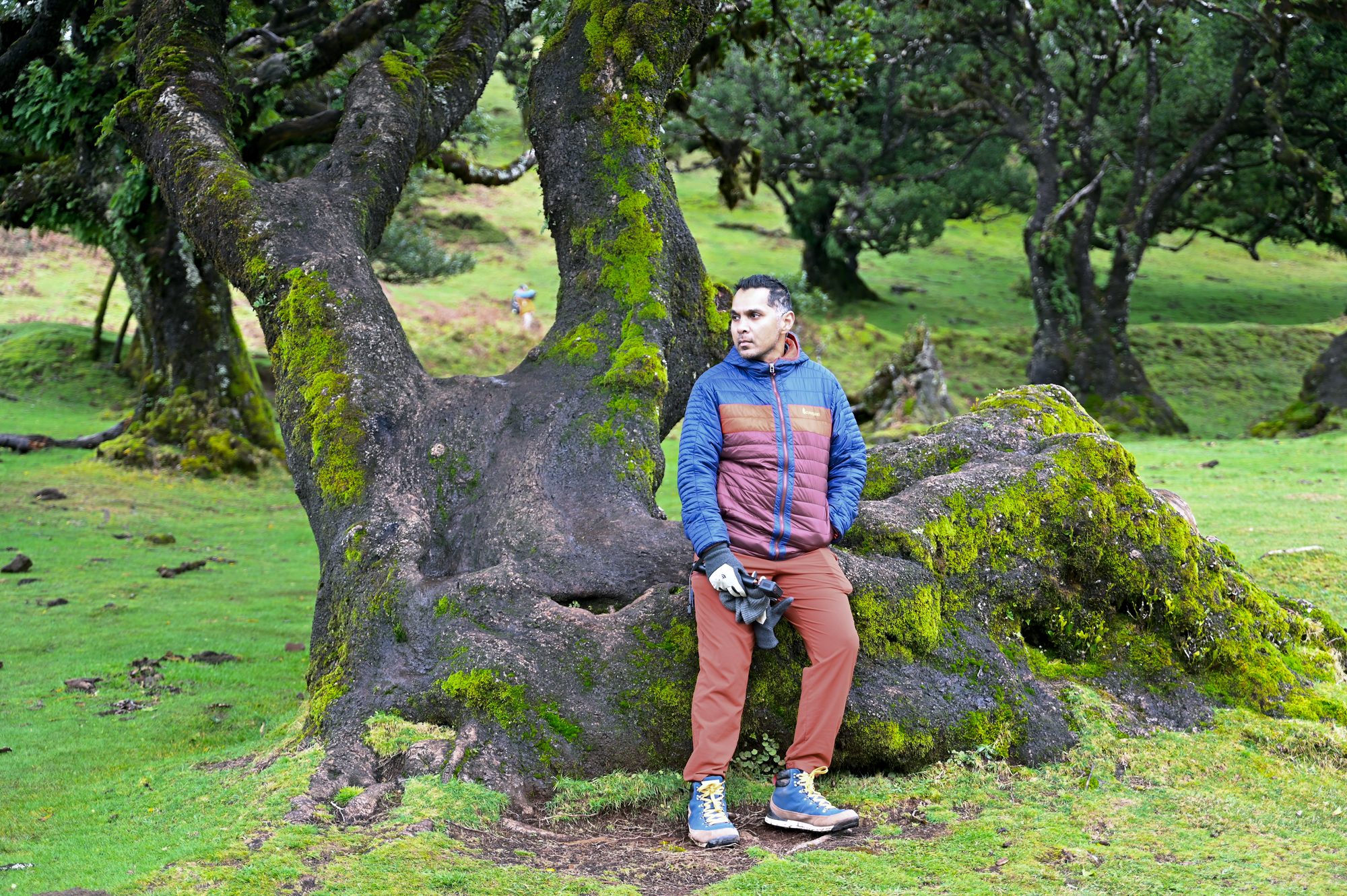 His dad leaning against the huge, moss-covered trunk of an ancient laurel tree.