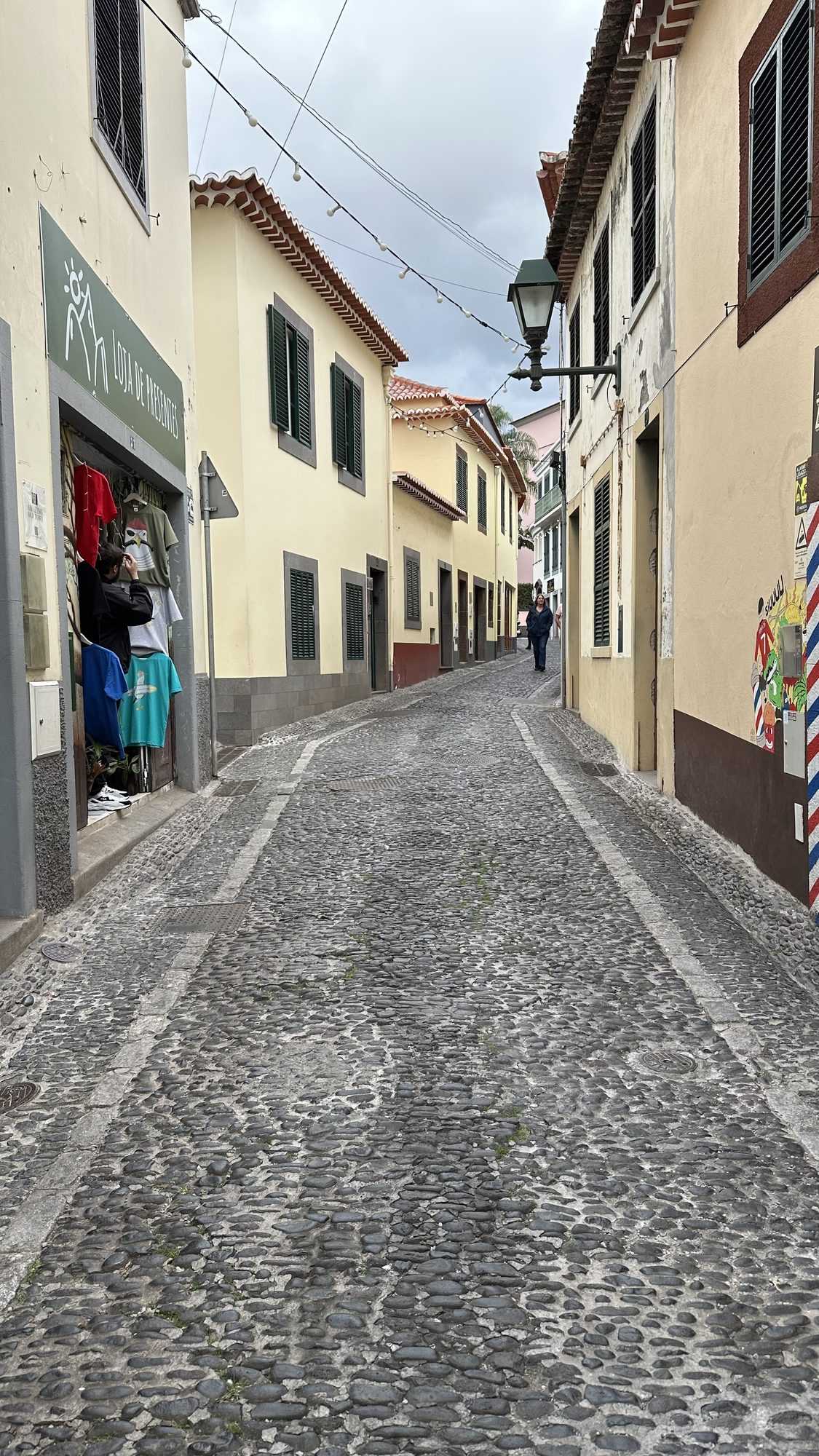 A narrow cobbled street between cream-colored buildings with green shutters.