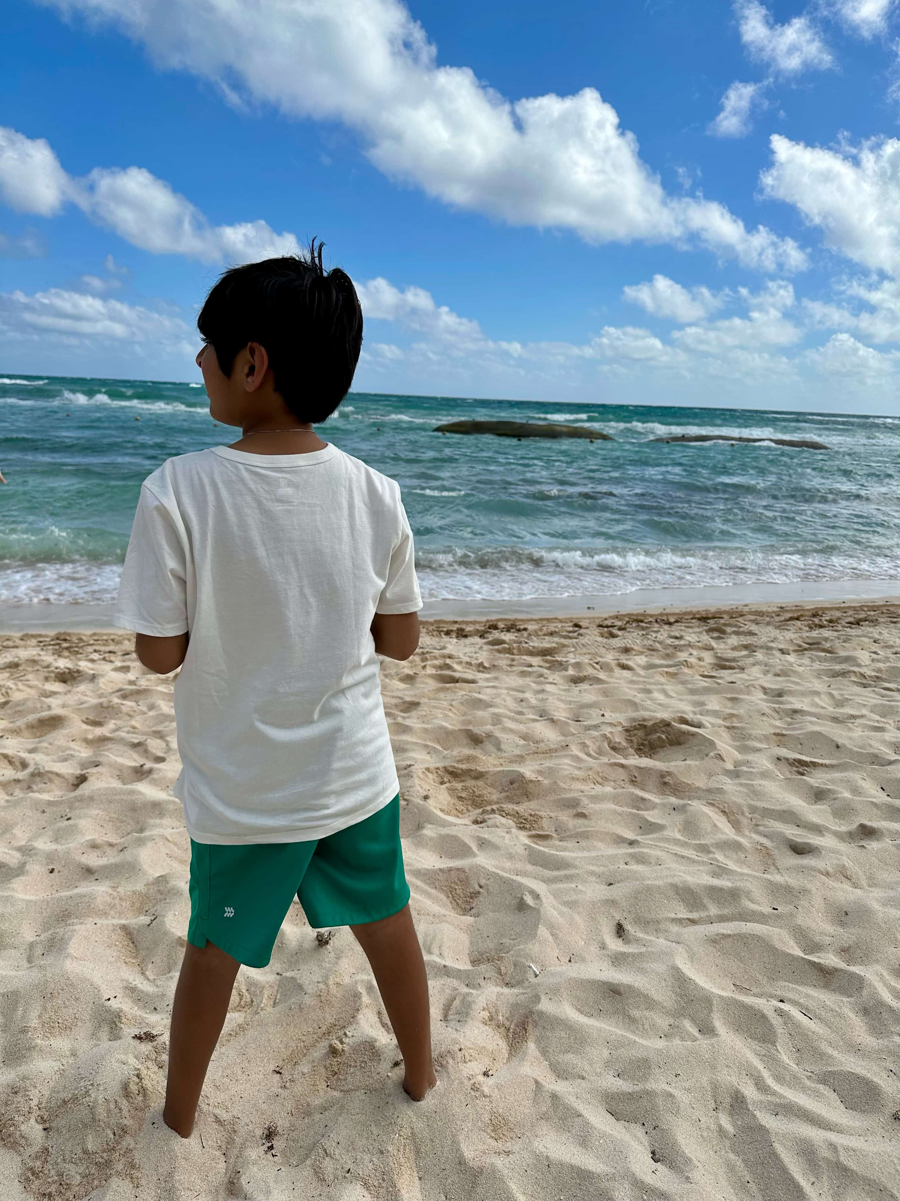 Boy on a beach with back view, facing the sea