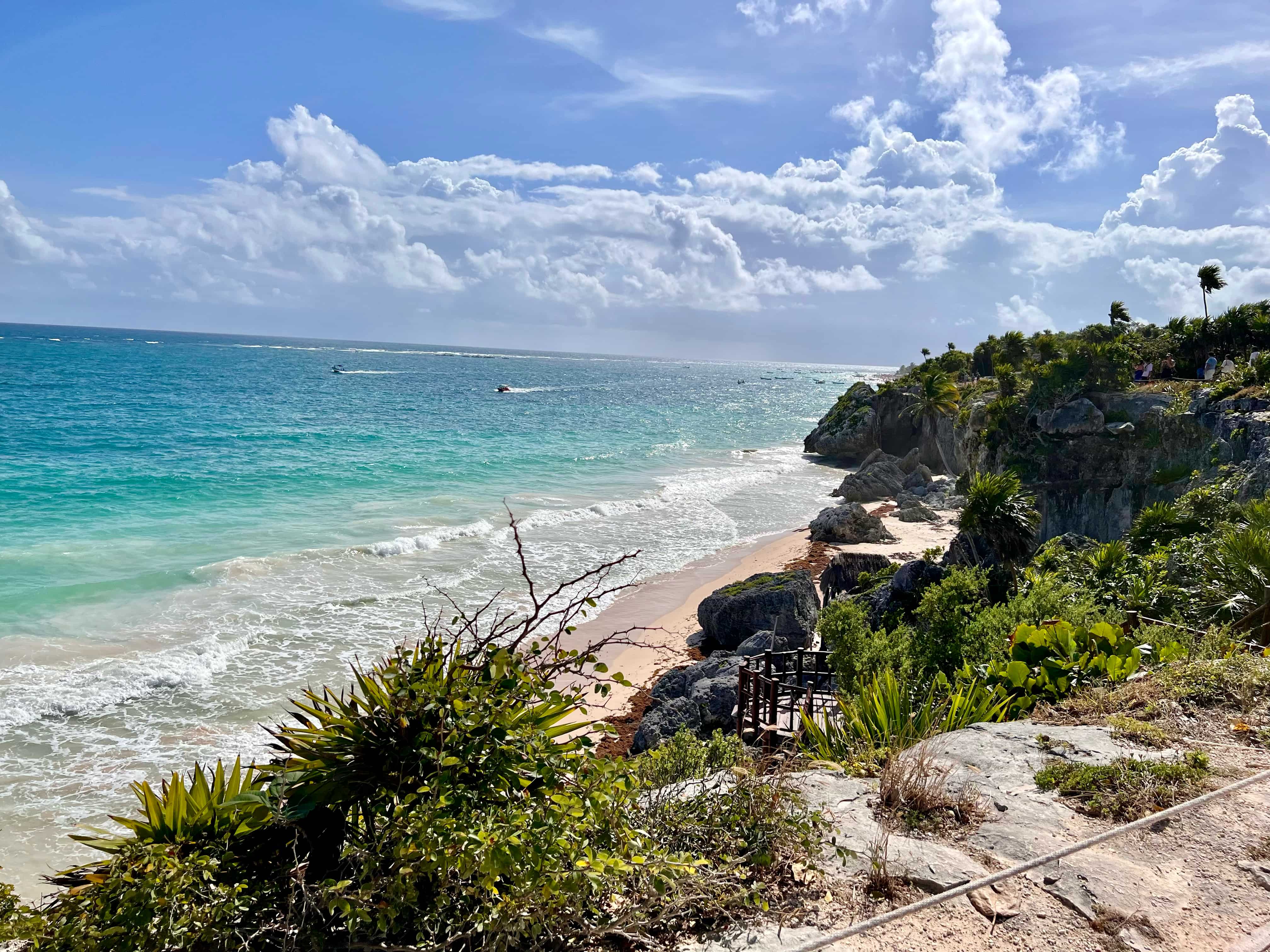 Rocky coastline by the beach with tropical bushes and palm trees with clear blue and turquoise waters