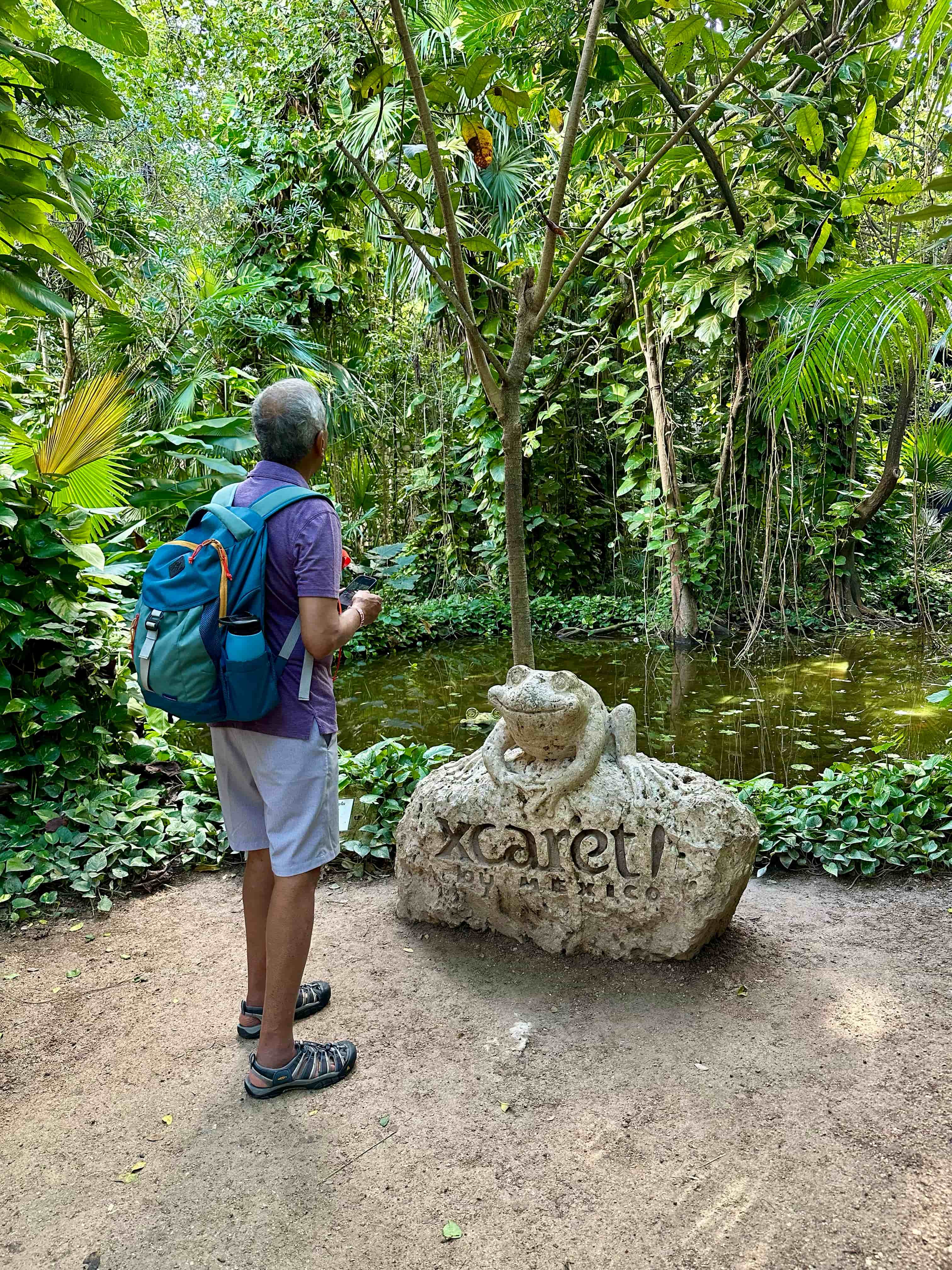 Elderly man in a tropical park looking at a pond and trees