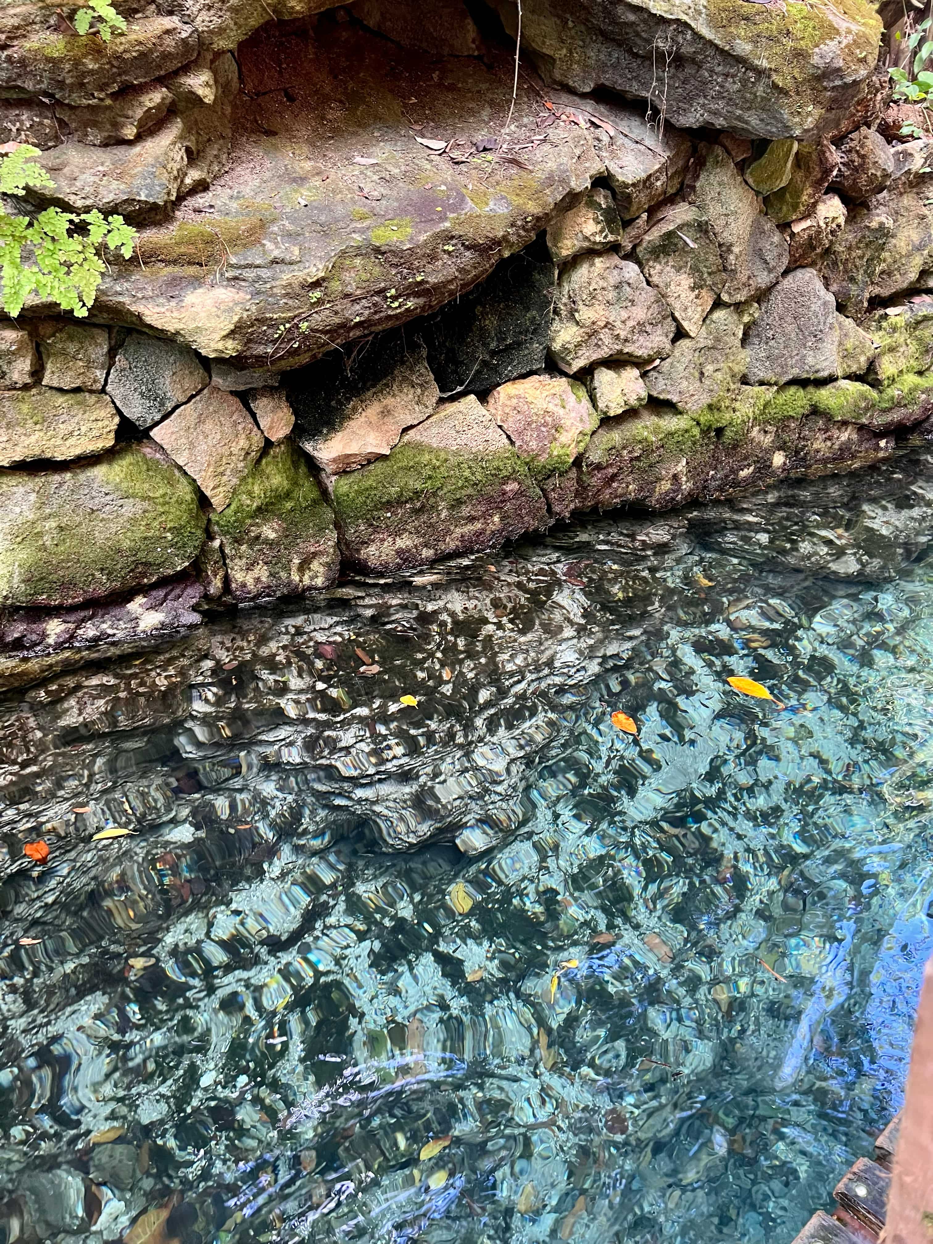 Clear river with rocky moss covered walls