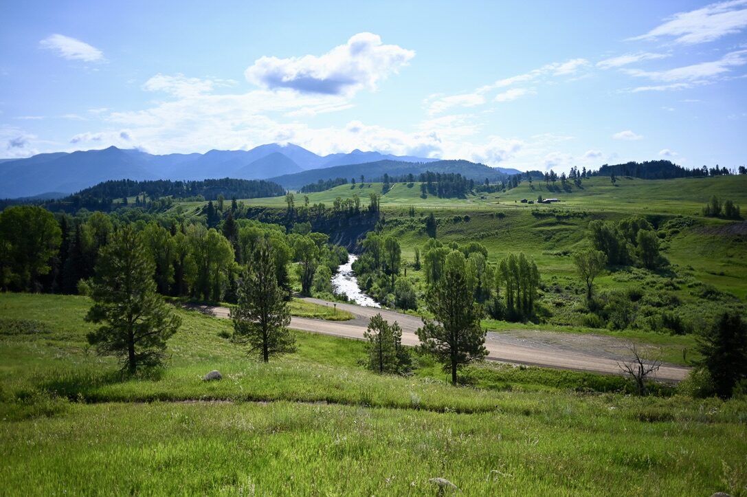 A green valley with a river winding through meadows and pines below the mountains