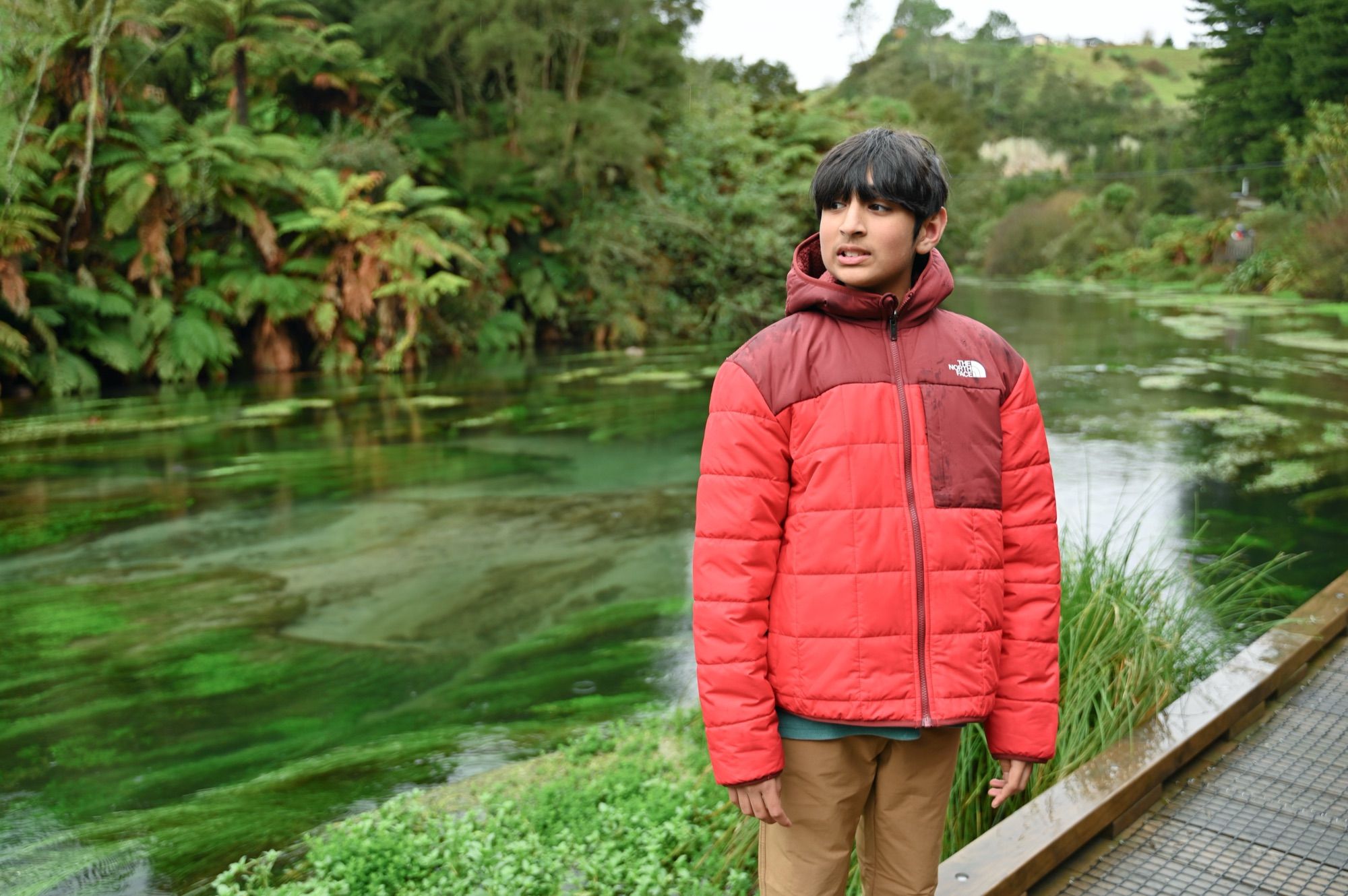 Our son in a red puffer jacket standing on the boardwalk beside the spring, with bright green water plants visible below the surface.