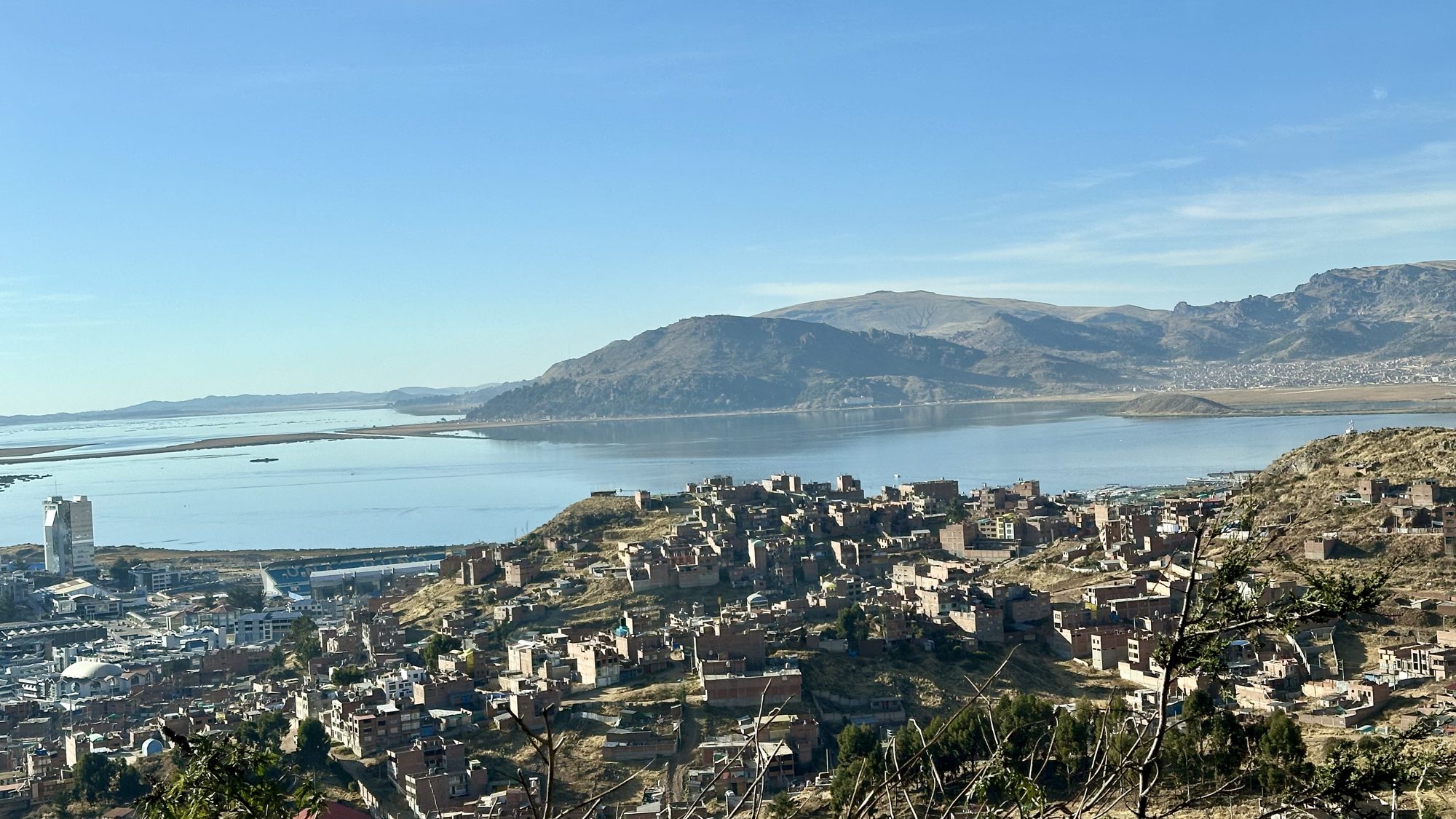The lake and city of Puno seen from the hills on the road to Juliaca