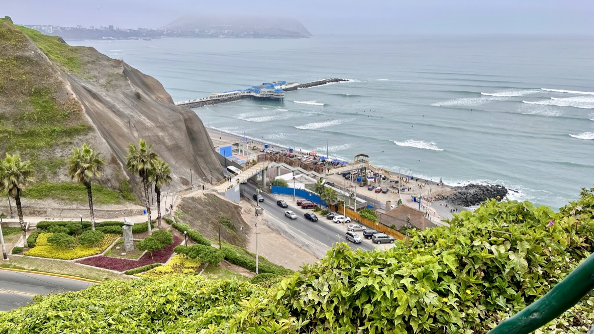 Hillside covered by plants and nets bracketing a beach with cars and people, with active surfs in the ocean