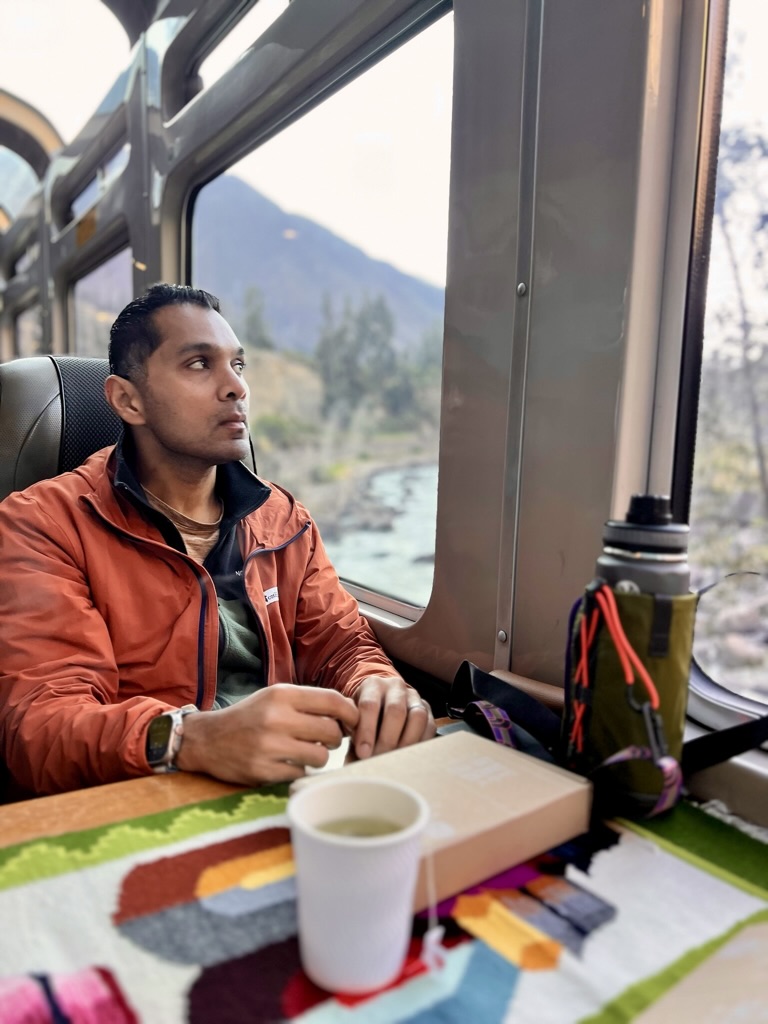 Man sitting in a train car chair looking outside through panaromic windows, with mountain, trees and river in the background