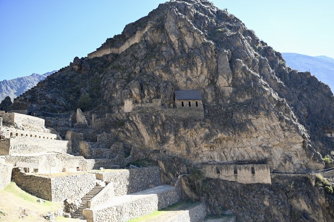 Ruins and terraces on the steep rocky mountain above Ollantaytambo