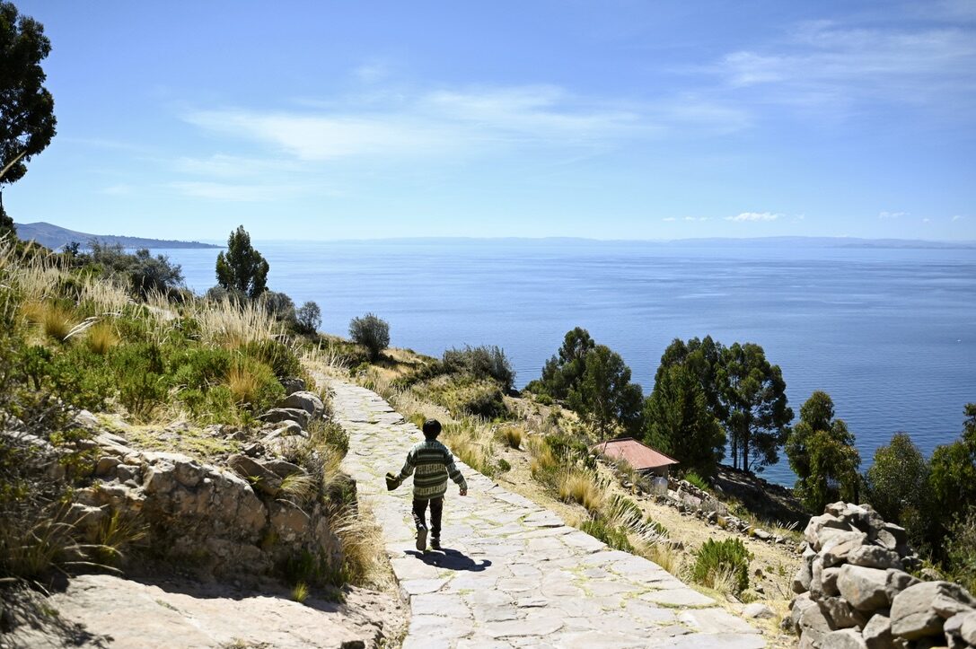 Boy walking down a stone path toward the lake, between trees