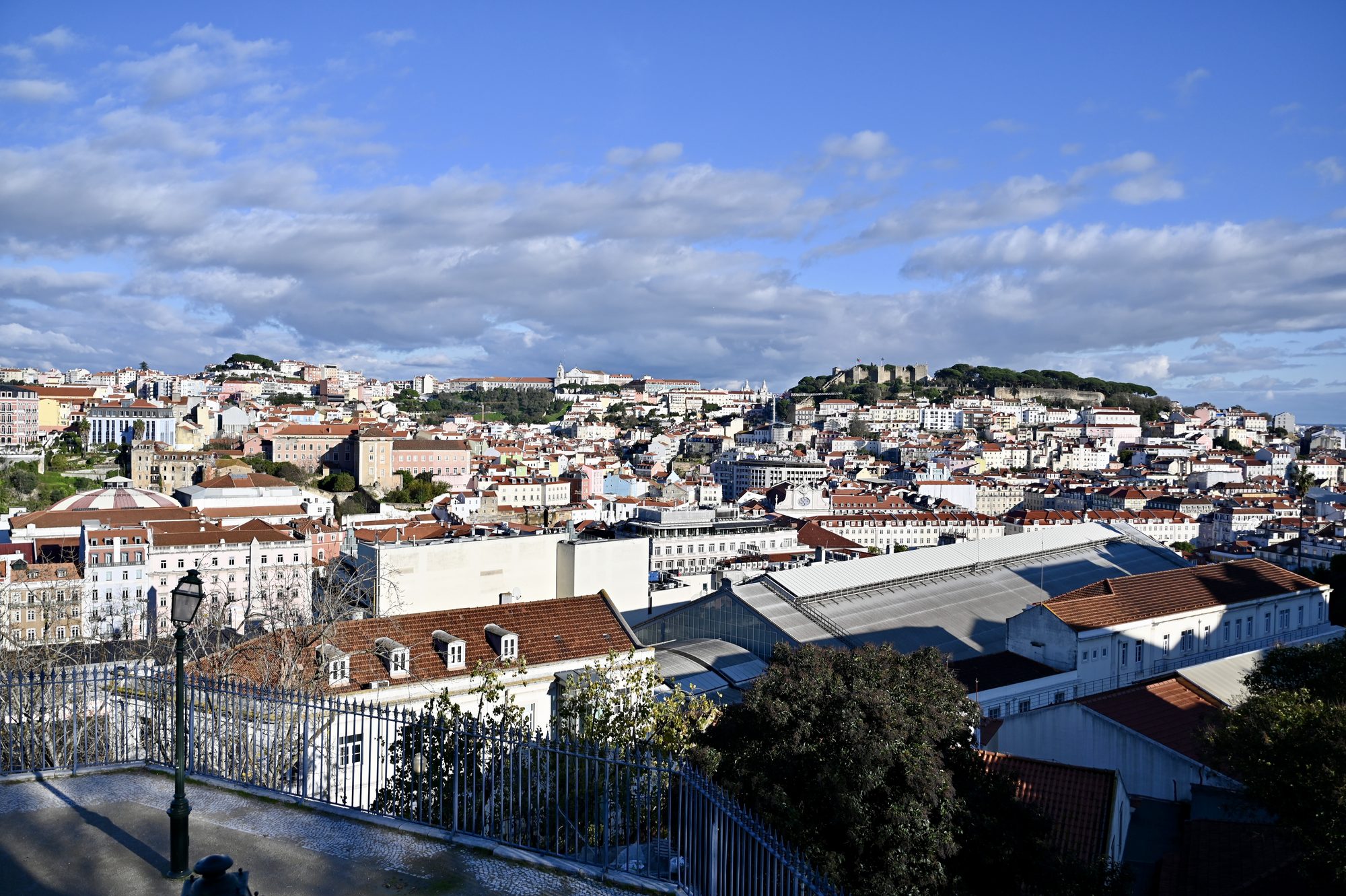 The city spread across the hills under a cloudy blue sky, with the castle on the far hilltop, seen over a railing.